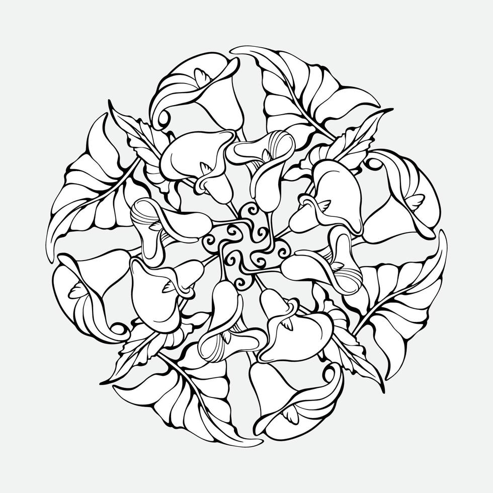 mandala floral con flores y hojas de cala. contorno. ilustración vectorial vector