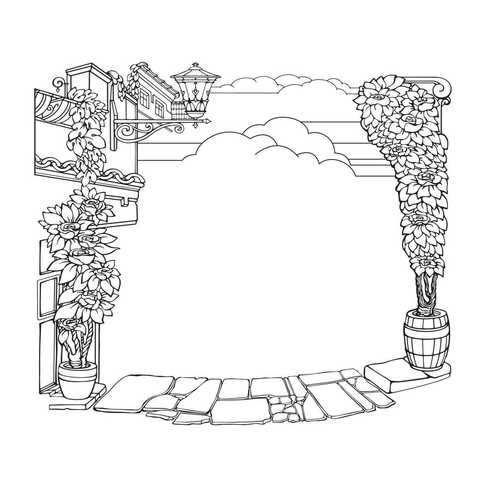 Botanical border with tropical plants. Outline floral frame. Vector
