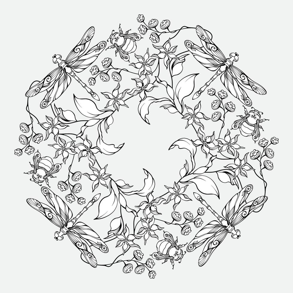 Floral mandala with dragonflies, bumblebees, and flowers. Coloring page. Vector. vector