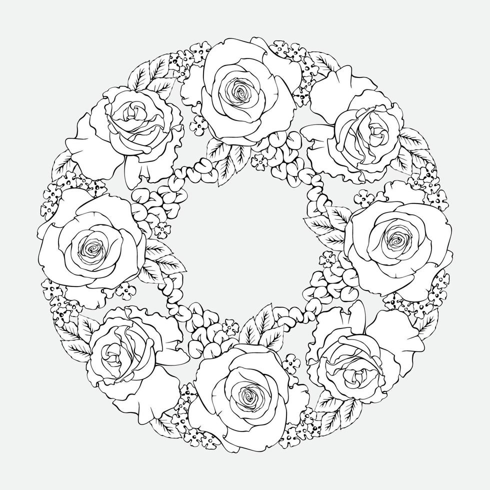 Floral mandala with roses. Outline Botanical pattern. Coloring page. Vector. vector