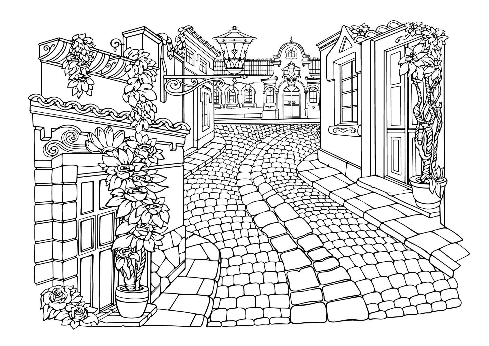 Romantic old town. Coloring Pages. Anti-stress colouring page. Vector