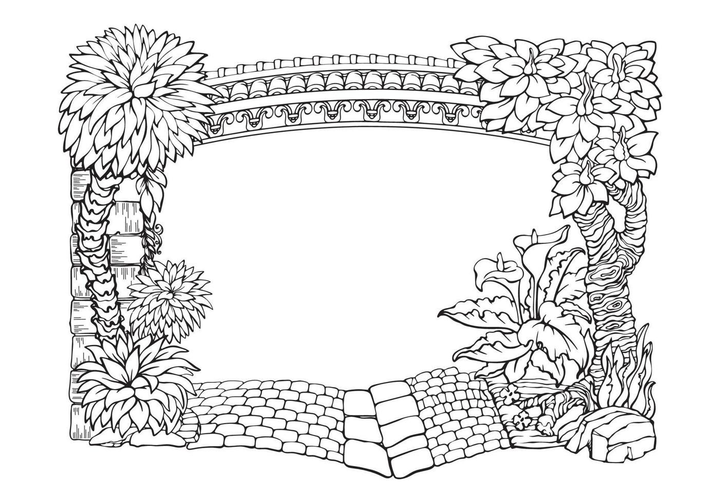 Botanical border with tropical plants. Outline floral frame. Vector. vector