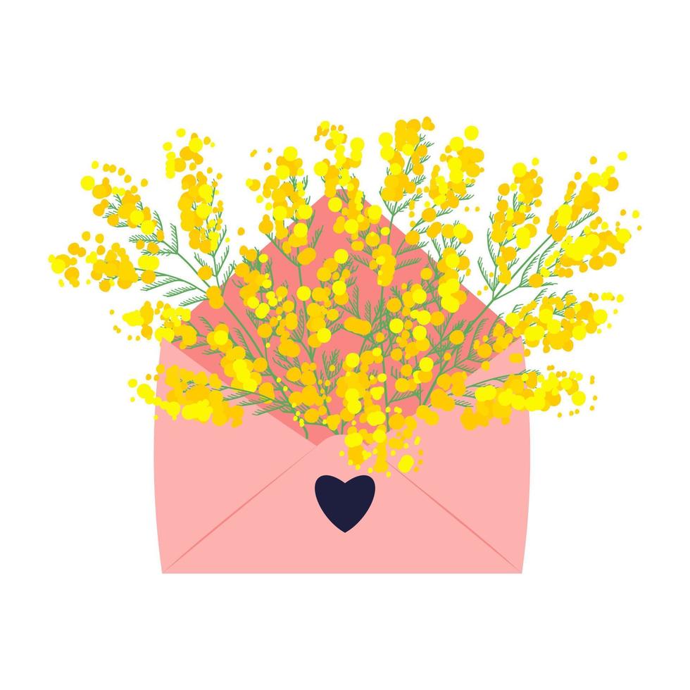 Pink envelope with mimosa flowers. 8 March invitation card. vector