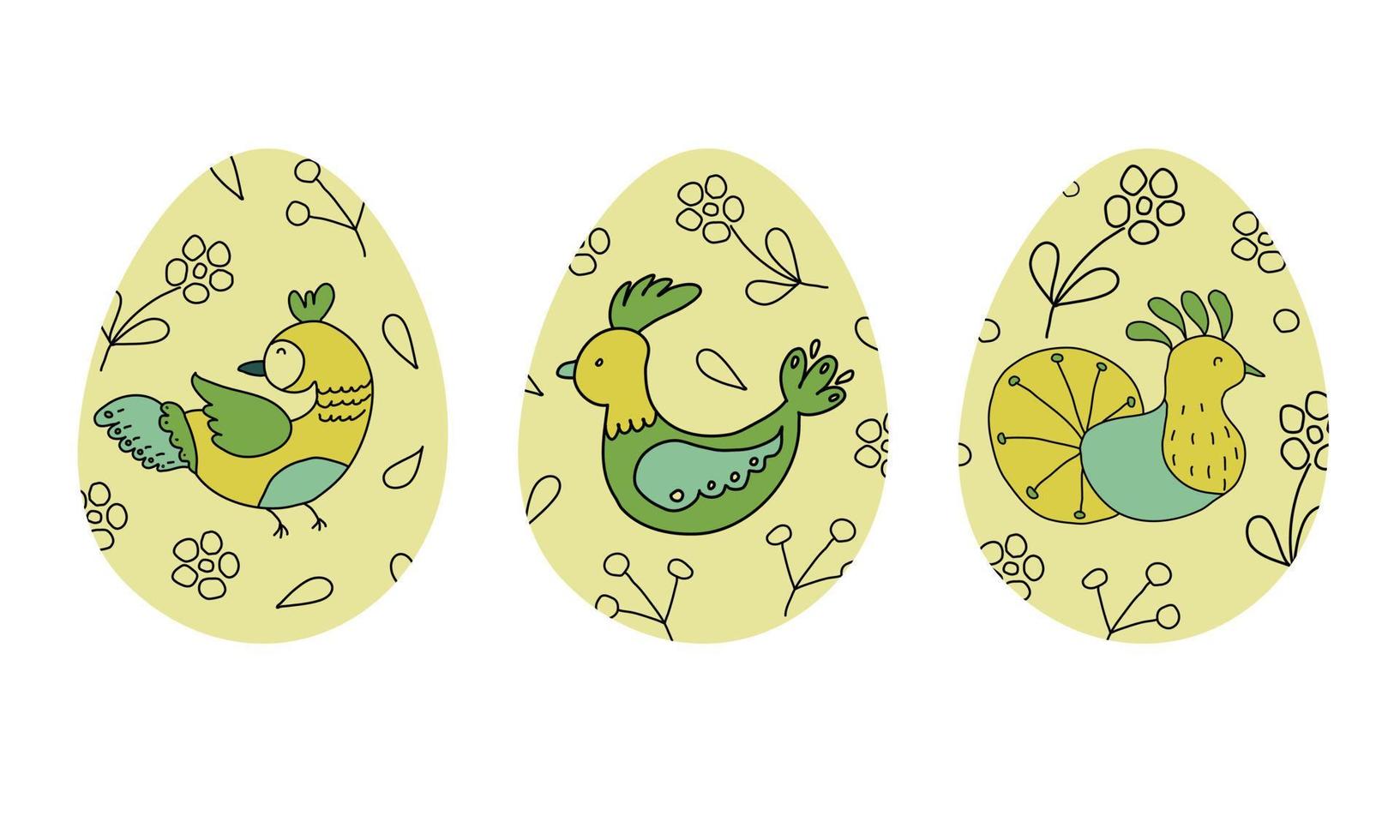 Happy Easter.Set of Easter eggs with birds and flowers on a white background.Spring holiday. vector