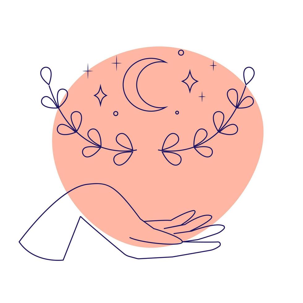 Mystical hand with stars, moon and branches. Design elements for weddings, tattoos, trendy cover vector