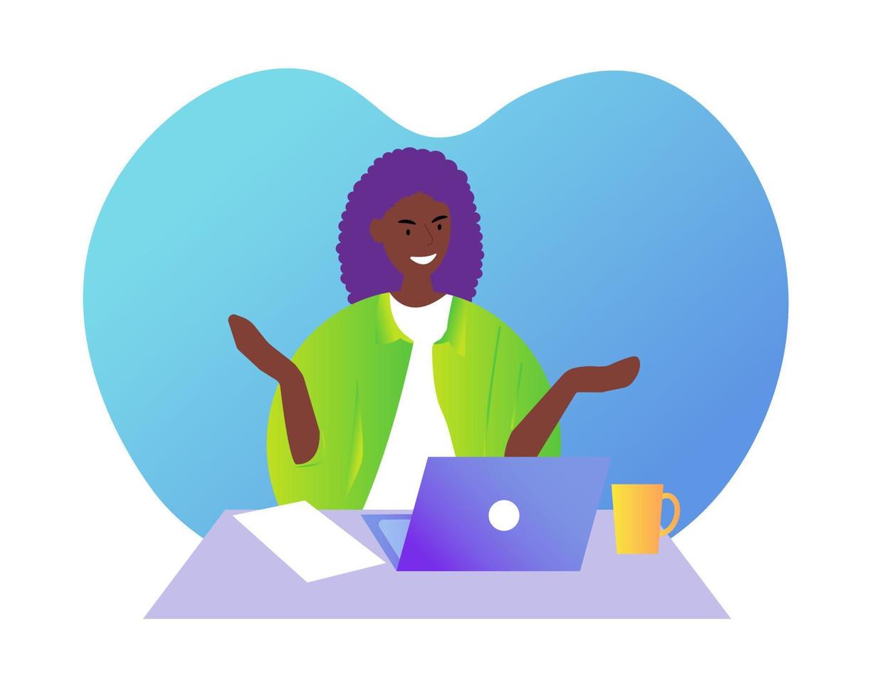 negro mujer con ordenador portátil. concepto ilustración para laboral, trabajo independiente, estudiando, educación, trabajo desde hogar vector