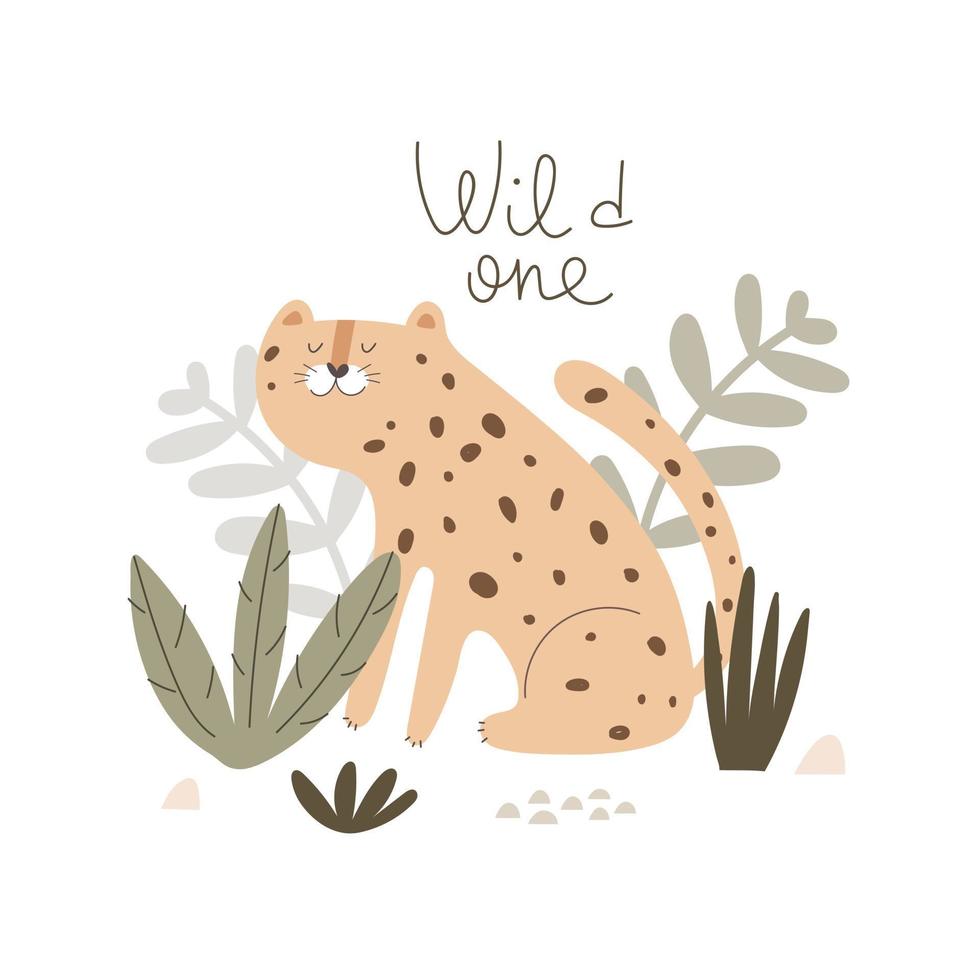 salvaje uno. dibujos animados leopardo, mano dibujo letras. plano estilo, vistoso vector para niños. bebé diseño para tarjetas, póster decoración, impresión