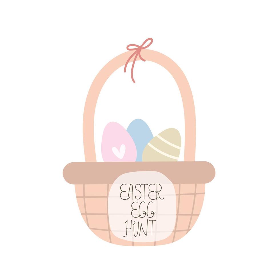 Easter egg hunt. cartoon eggs, basket, hand drawing lettering, decor elements. festive colorful vector illustration. Design for greeting cards, decoration posters, covers.