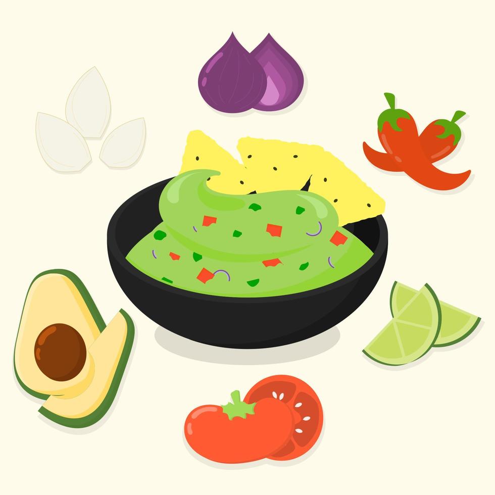 Isolated fresh guacamole with tortilla chips and some ingredient vector