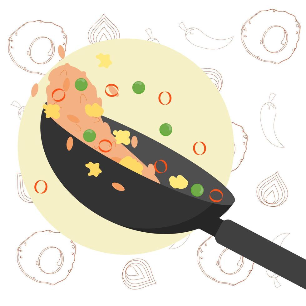 sabroso frito arroz o nasi goreng en un wok pan con especias plano diseño ilustración vector