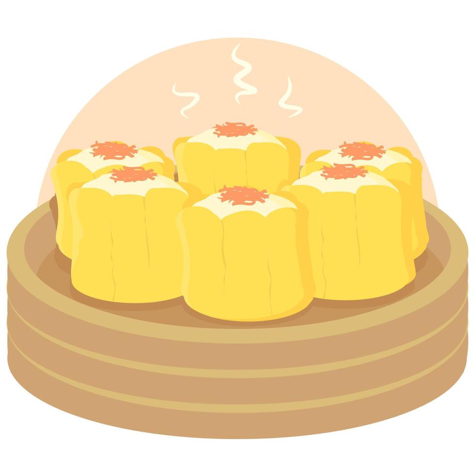 Hot dim sum siu mai on the bamboo steamer. Asian traditional food vector