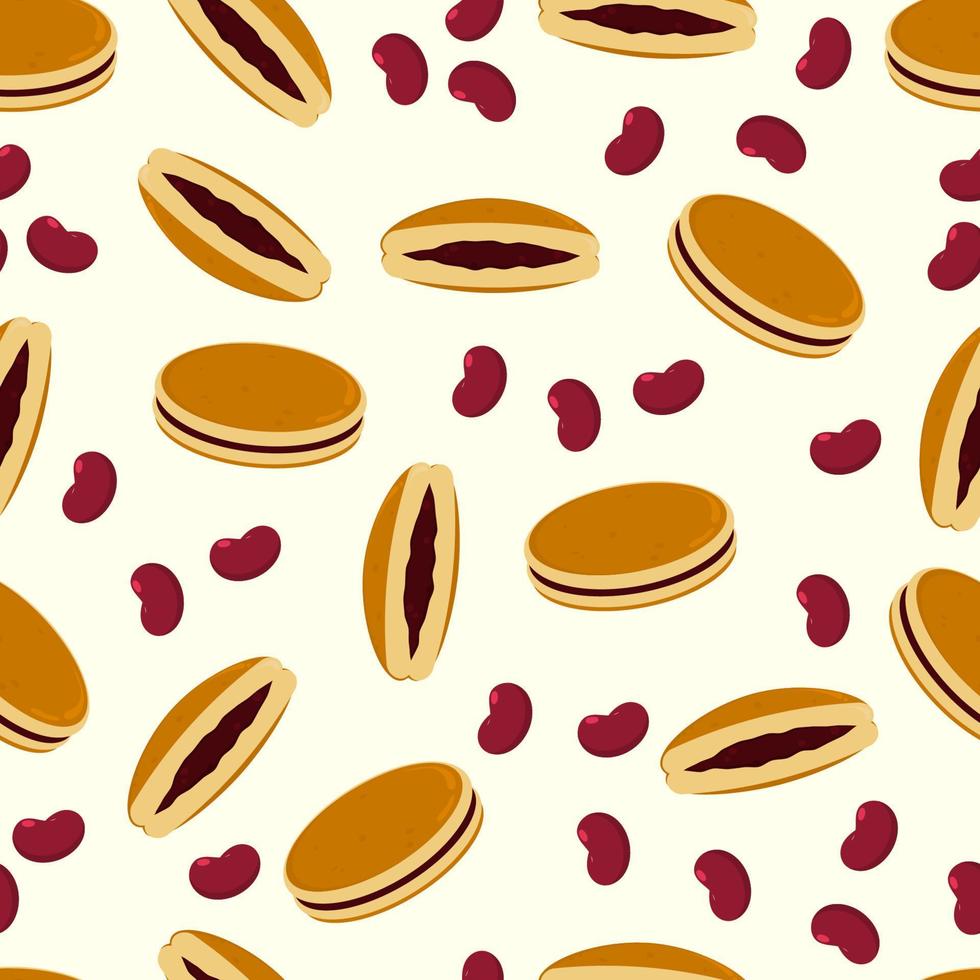 Seamless pattern of dorayaki with red bean paste. Japanese traditional street food vector