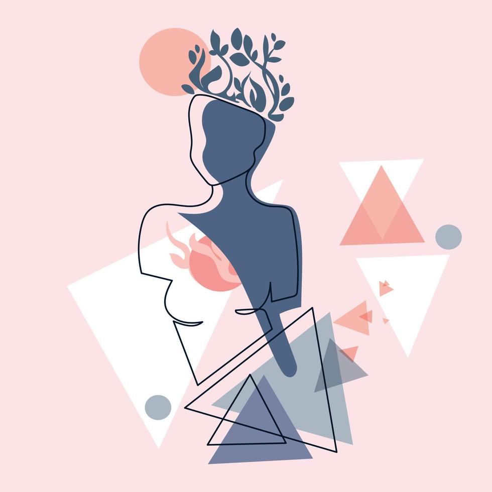 Abstract aesthetics female body with geometric shape abstract composition,feminine figure line drawing.Contemporary woman silhouette vector illustration.Surreal sculpture of a woman with flowers