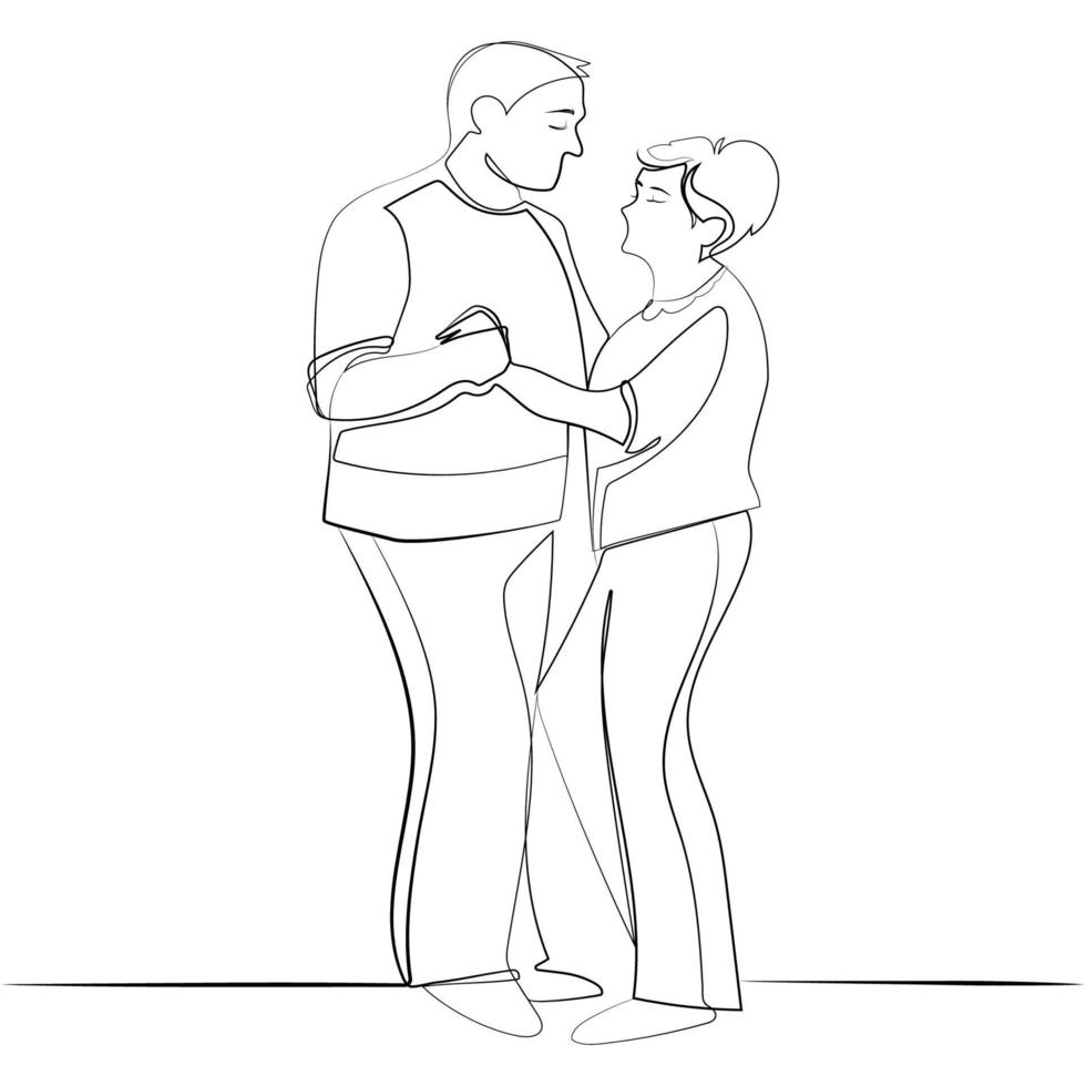 Happy Senior couple dancing together Continuous line drawing vector illustration.Active elderly couple grandparents have fun.Old grandfather and grandmother liner sketch drawing