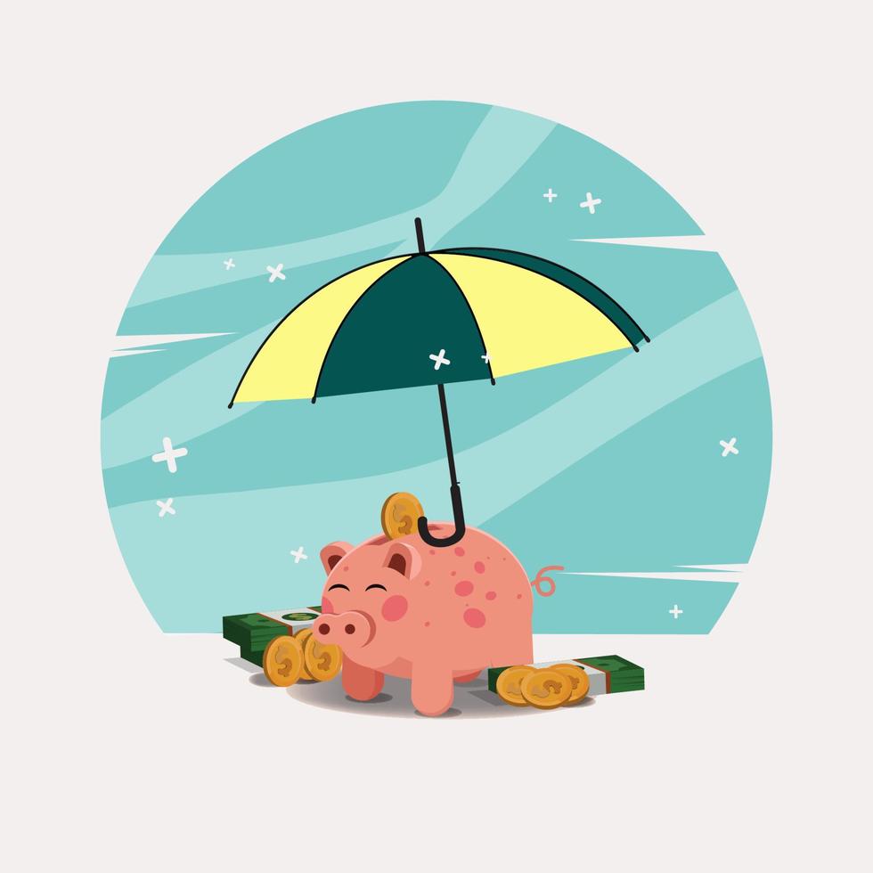 Umbrella, piggy bank and money, financial protection concept illustration vector