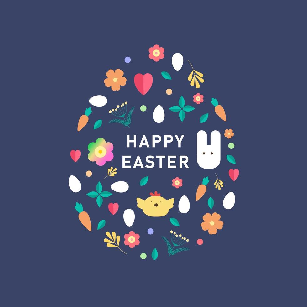Happy easter Ornament in the form of an egg, spring symbols, eggs, rabbit, flowers. Abstract patterns, geometric patterns for the holiday of Easter. Vector illustration