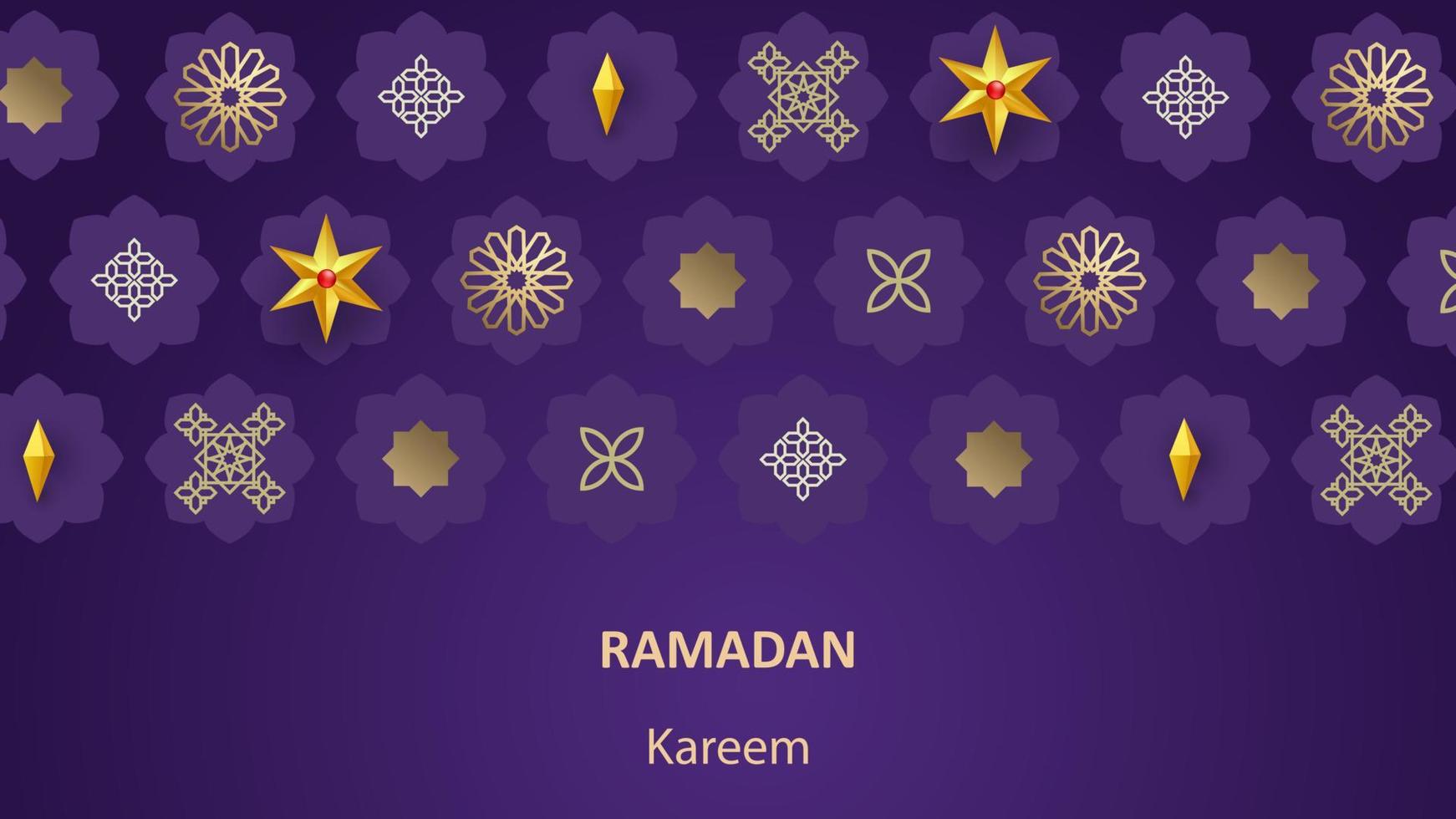 Ramadan Kareem poster. Islamic postcard, banner template. A modern design with a geometric pattern and traditional ornaments in gold and purple. Geometric mosaic. Vector illustration