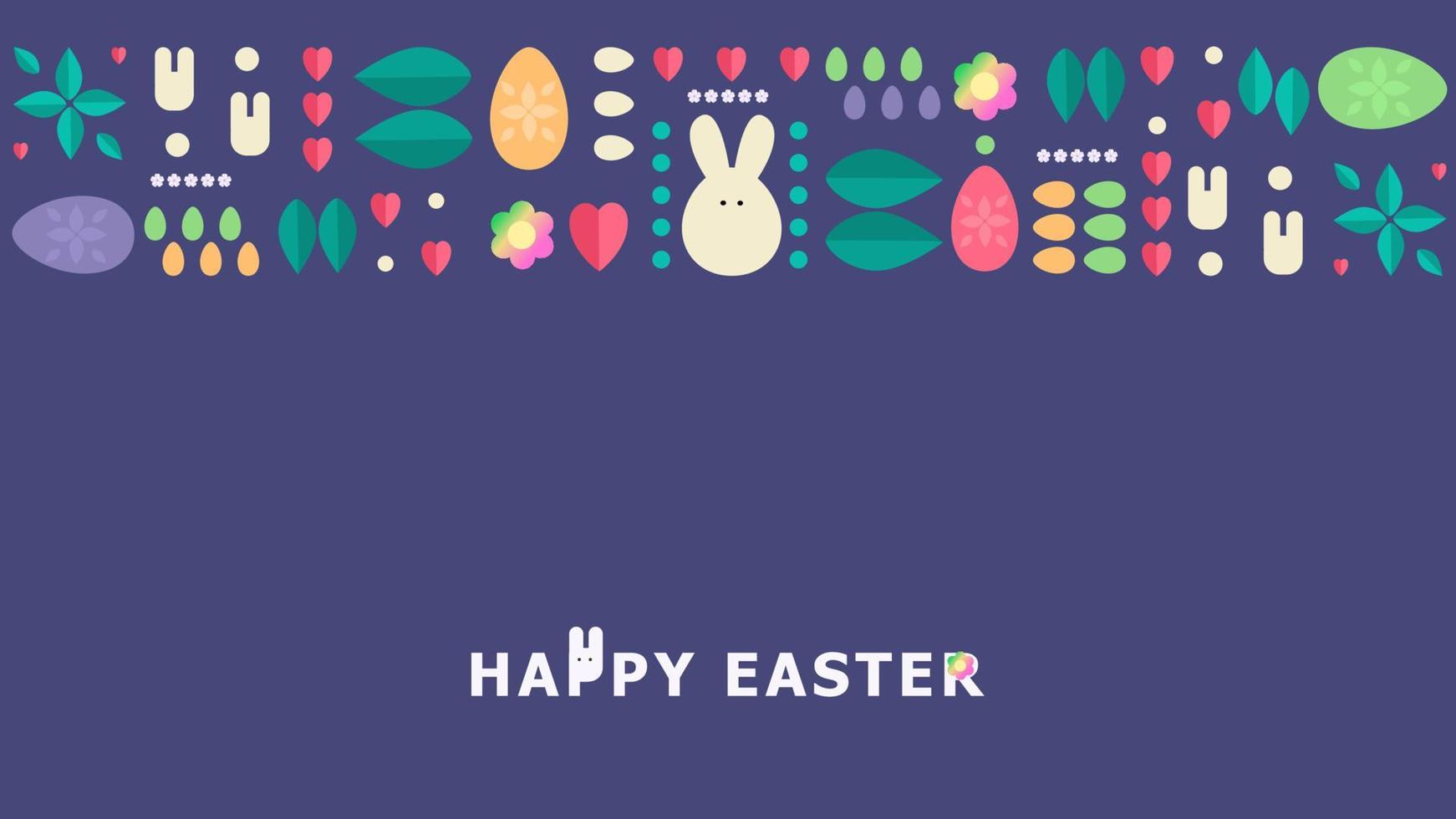 Happy easter Spring geometric mosaic card with rabbit, eggs and flowers. Merry hunting. Vector illustration.