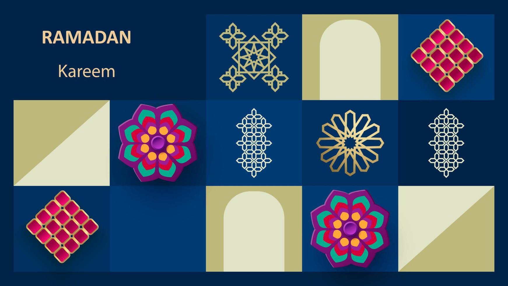 Ramadan Kareem poster. Islamic postcard, banner template. Modern design with geometric pattern and traditional ornaments in blue, gold, purple. Vector illustration