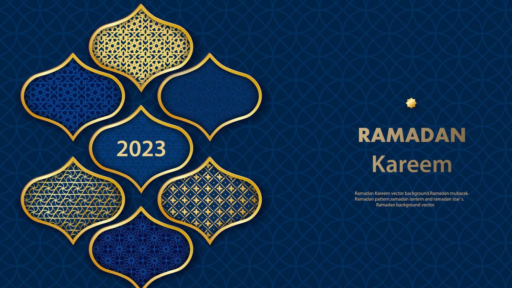 Ramadan Kareem poster. Islamic postcard, poster, banner template. Modern design with geometric pattern and traditional patterns in blue, gold, purple. Vector illustration