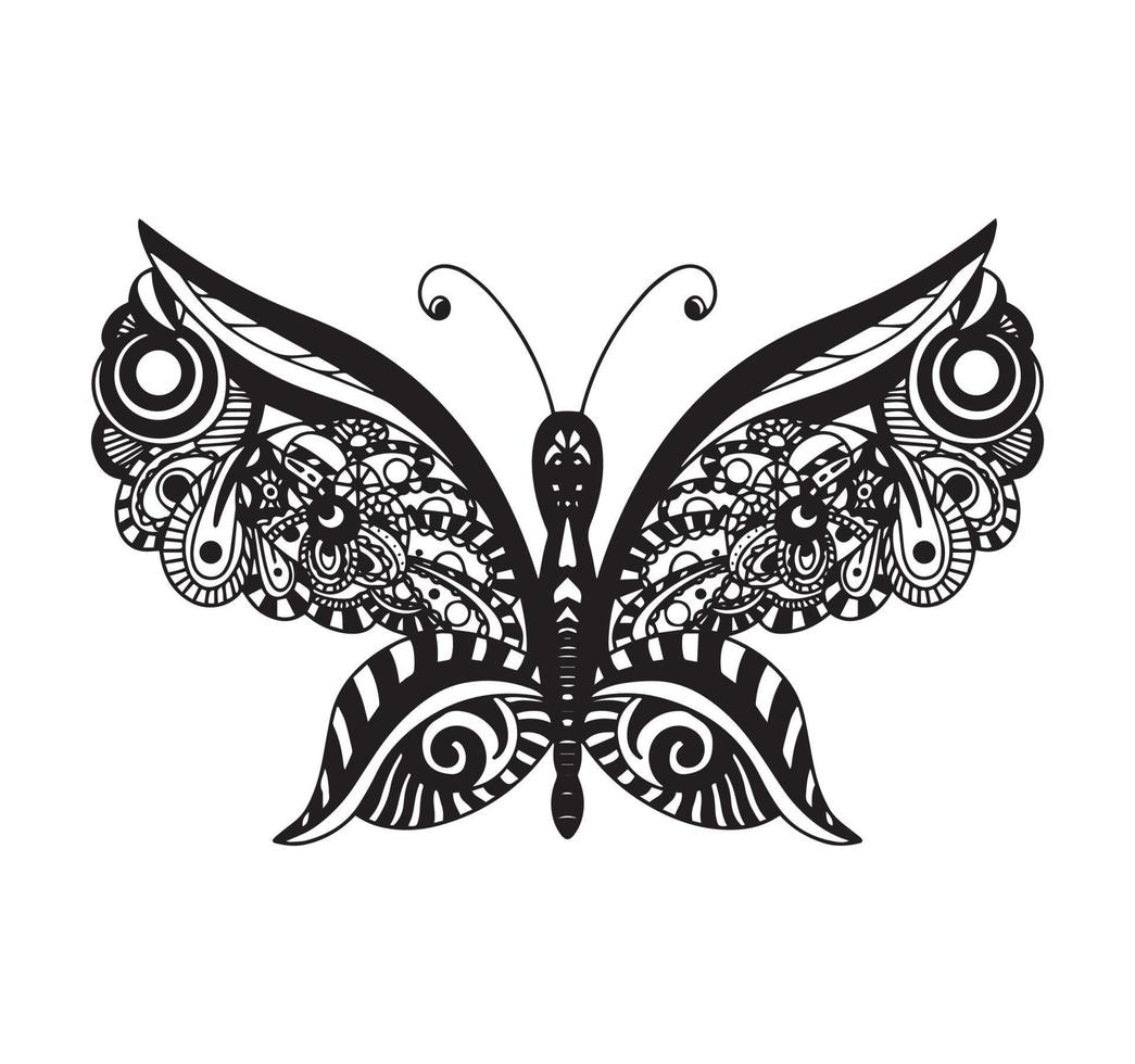 Decorative element in the form of a butterfly in the style of a zentangle style. Template for the design of postcards, T-shirts, posters, tattoos, henna drawings. Coloring book for children and adults vector