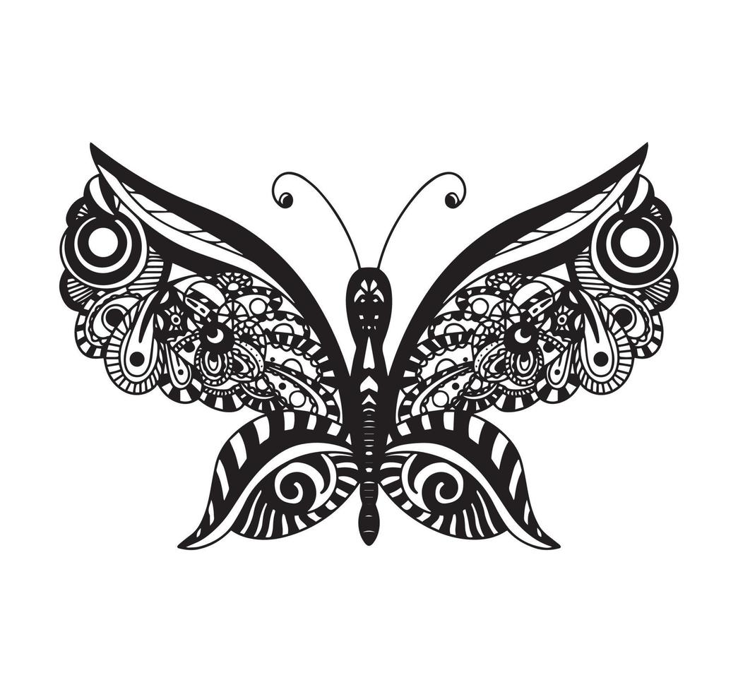 Decorative element in the form of a butterfly in the style of a zentangle style. Template for the design of postcards, T-shirts, posters, tattoos, henna drawings. Coloring book for children and adults vector