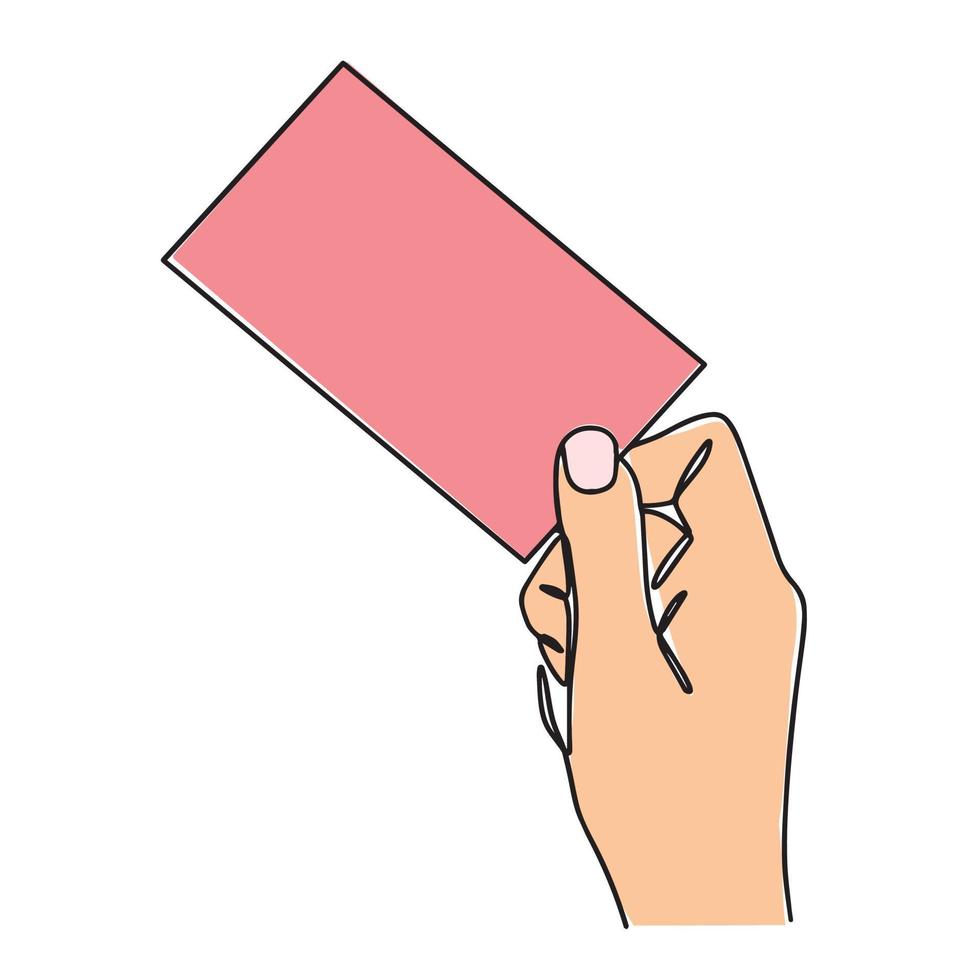 Vector illustration with a hand holding a credit or business card. Drawing with one line.