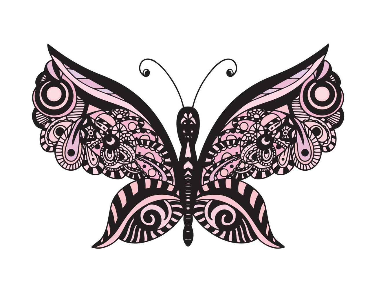 Decorative element in the form of a butterfly in the style of a zentangle style. Template for the design of postcards, T-shirts, posters, tattoos, henna drawings. Coloring book for children and adults vector