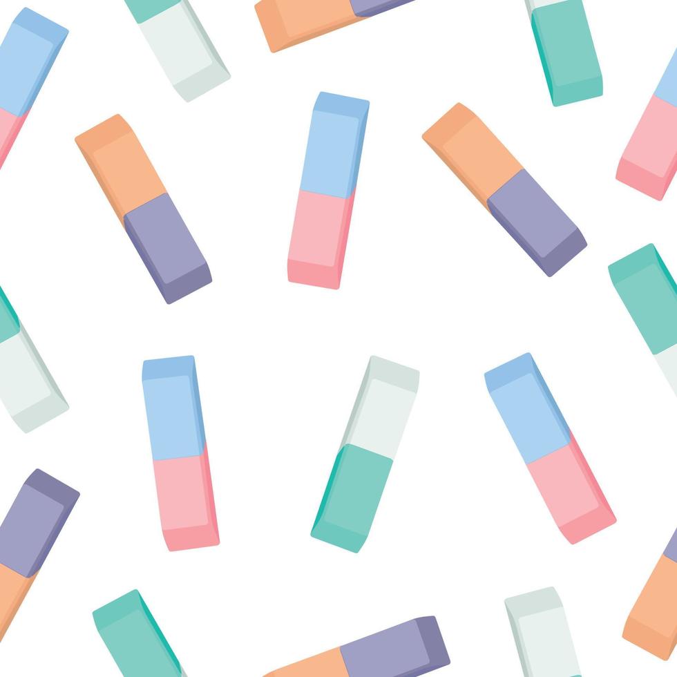 Seamless pattern of multicolored erasers. Vector illustration isolated on a white background