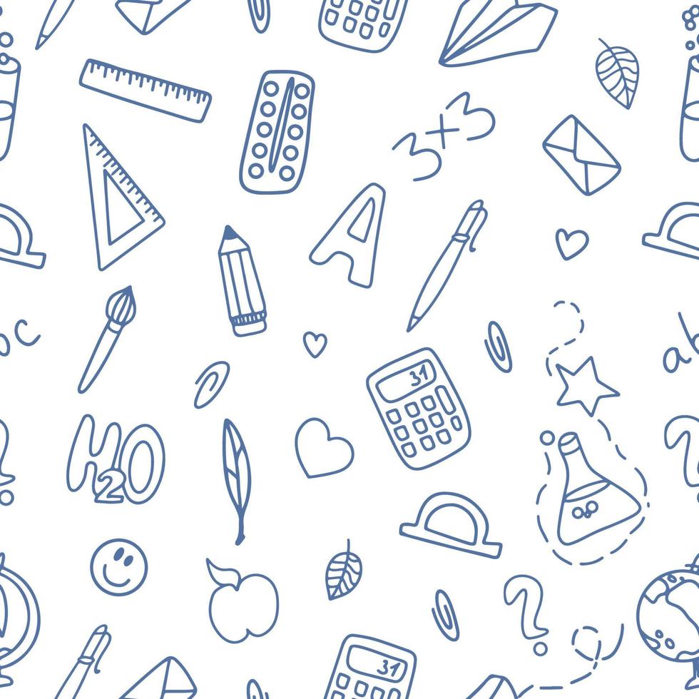Seamless pattern of school supplies on a white background. Back to school. Vector doodle illustration