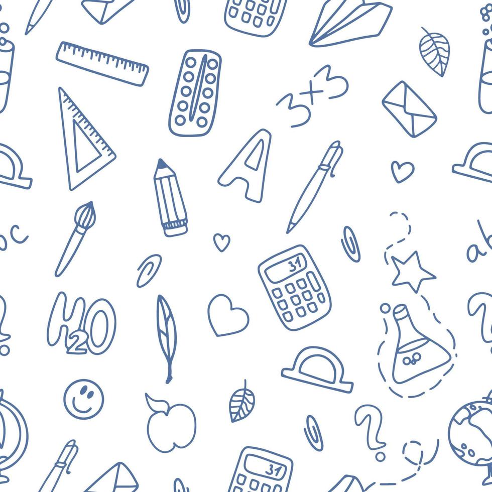 Seamless pattern of school supplies on a white background. Back to school. Vector doodle illustration