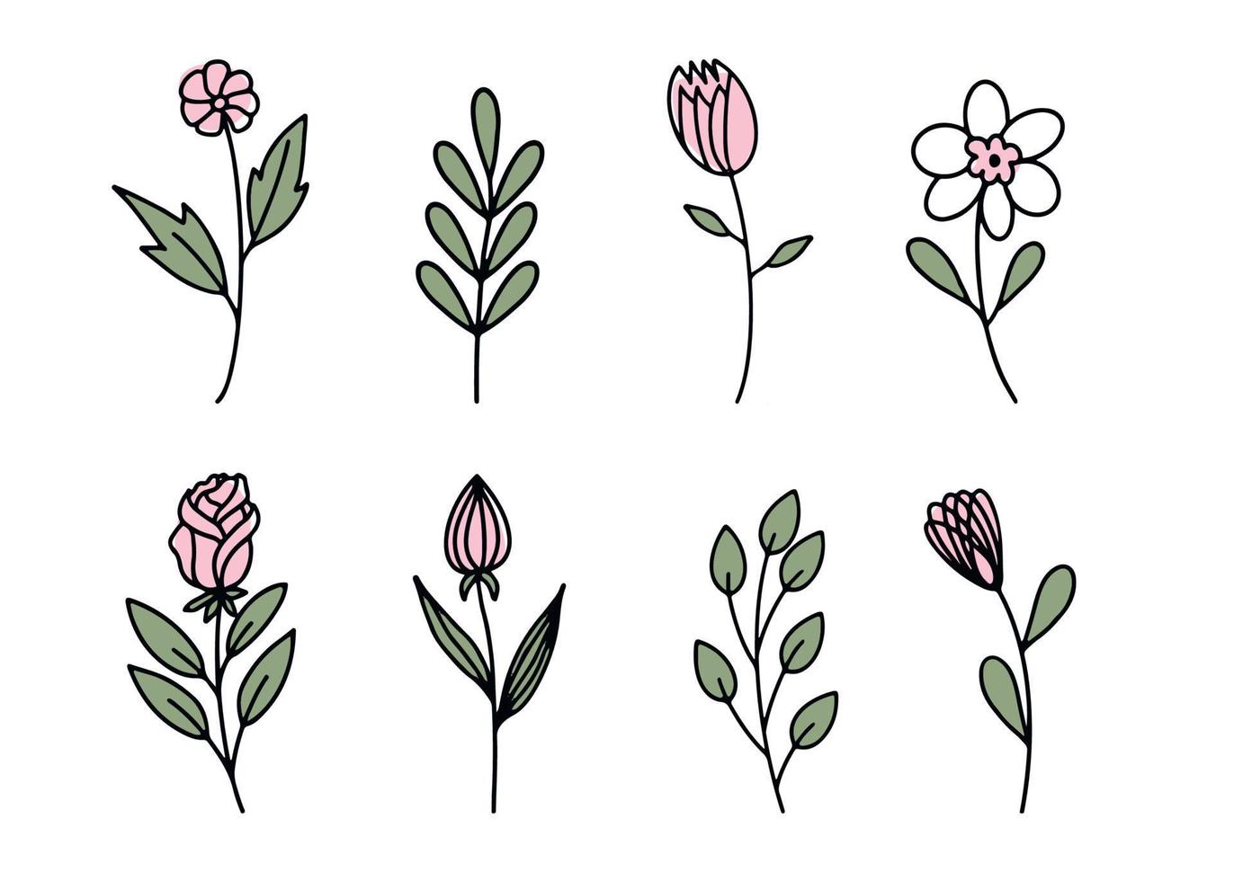 A set of flat icons with the image of spring flowers highlighted on a white background. Vector illustration