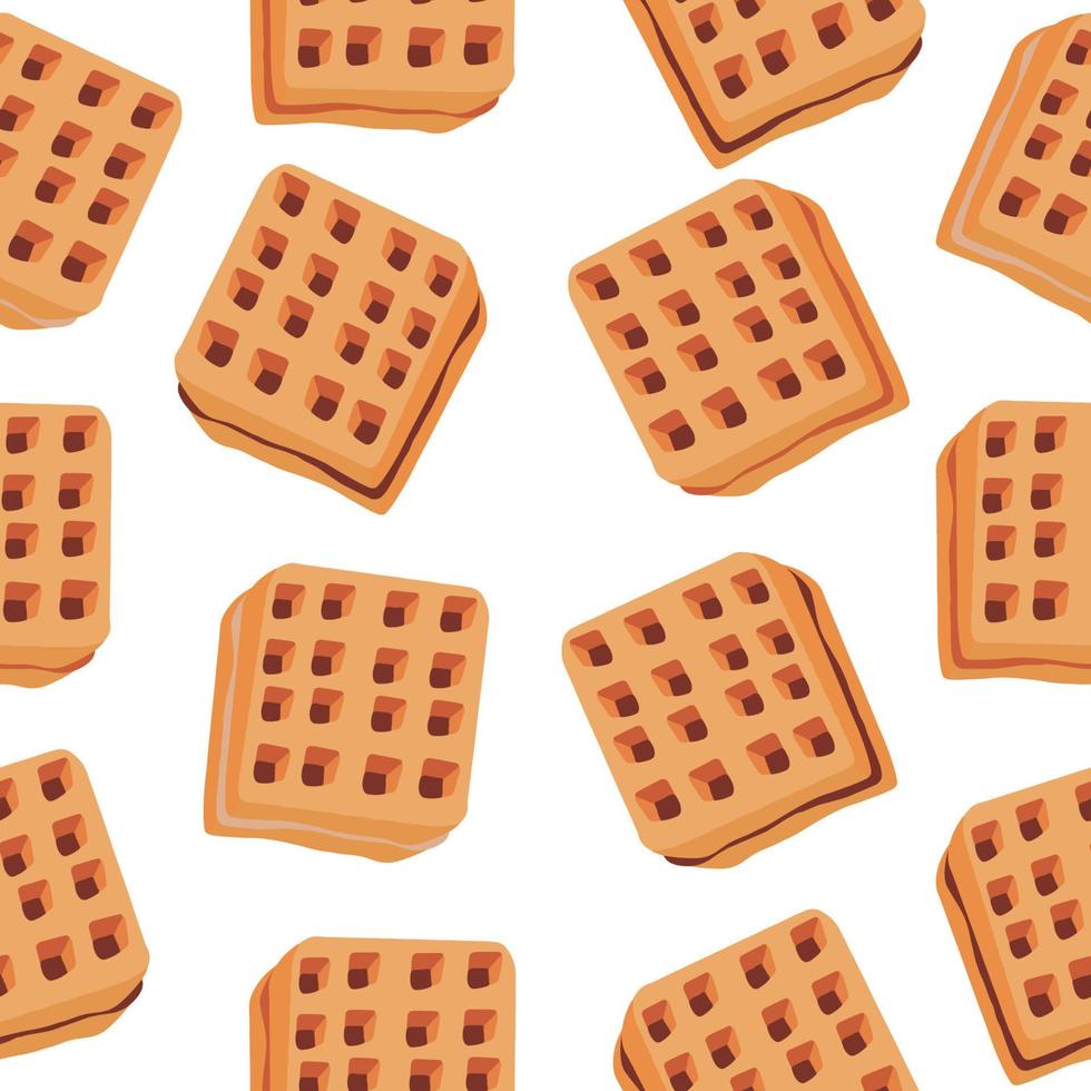 Seamless pattern of waffles with various fillings. Vector illustration of waffles, pastries for breakfast, sweet snacks.