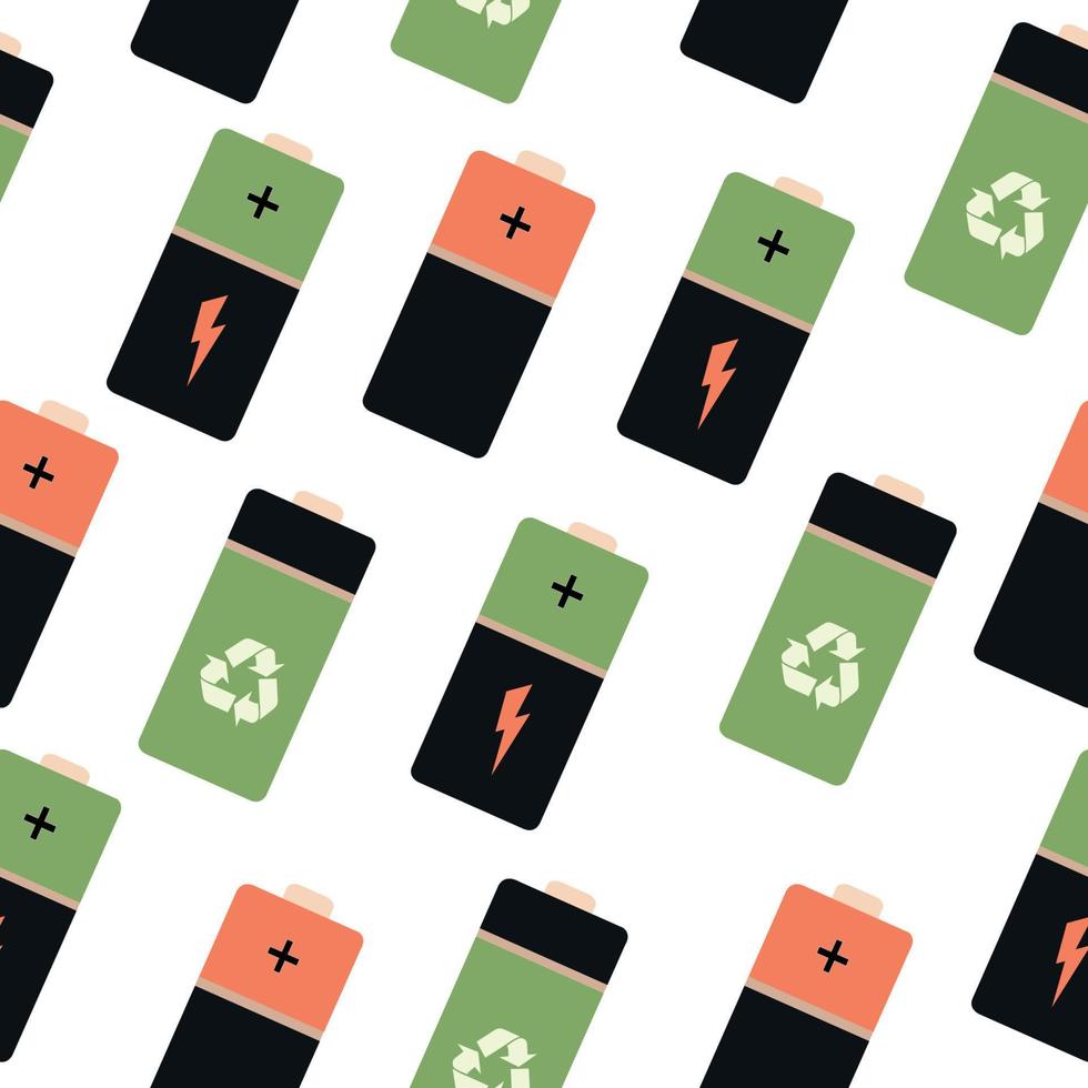 Seamless pattern of their insulated cylindrical batteries. A group of colored batteries on a white background. vector