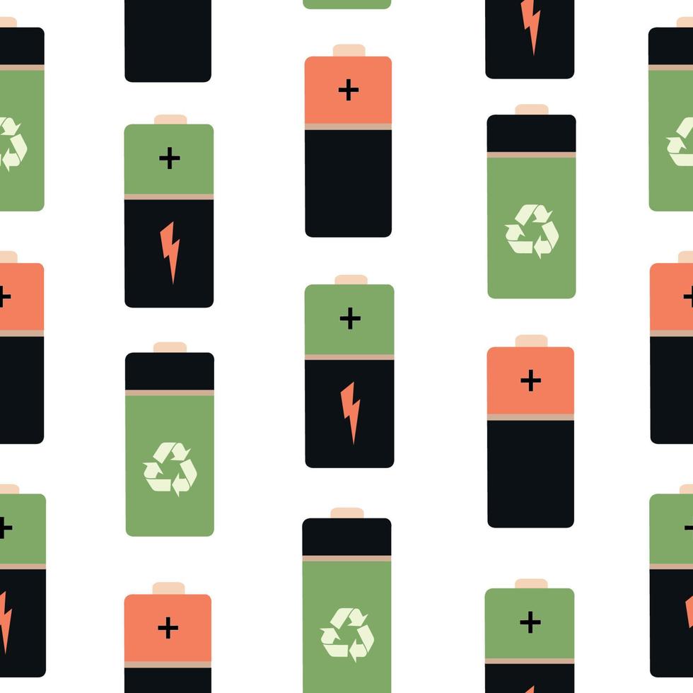 Seamless pattern of their insulated cylindrical batteries. A group of colored batteries on a white background. vector