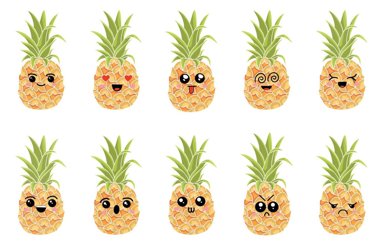 A set of pineapples with different emotions. Color illustrations on a white background vector