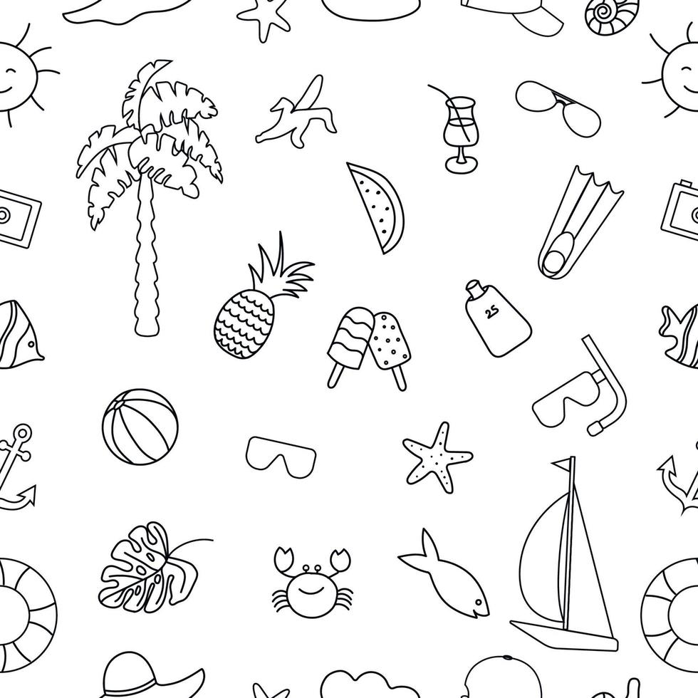 Summer seamless pattern, hand-drawn in doodles. Suitable for printing, textiles, backgrounds, wallpaper, wrapping paper, packaging. White background. vector