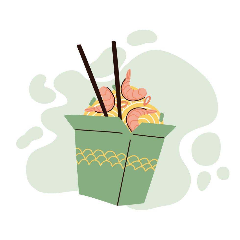 noodles with shrimp. hand drawn vector illustration in flat style