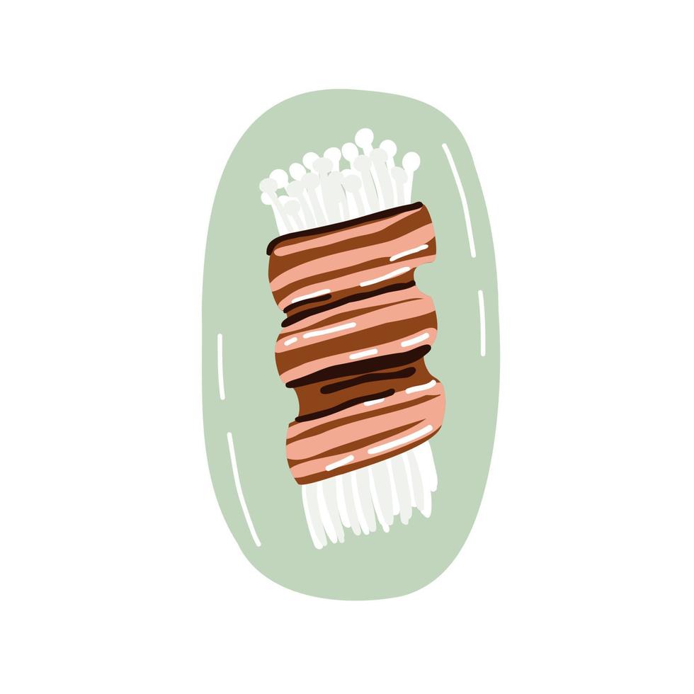 enoki hongos en tocino. bocadillo. tradicional alimento. mano dibujado vector ilustración en plano estilo