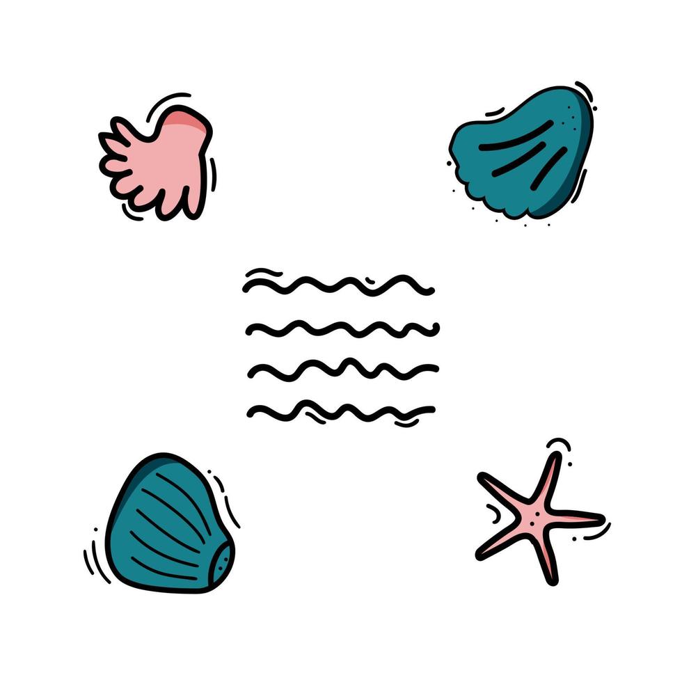 mar cáscara garabatear ilustración. mano dibujado estrella de mar y ondas. vector colección de varios mar cáscara en contorno mano dibujado.