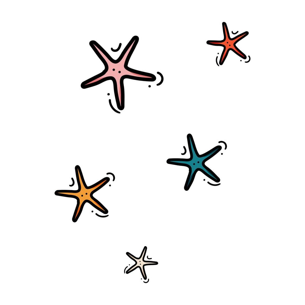 Doodle sea starfish set in hand drawn style on white background. Starfish design vector illustration isolated element for summer natural color design with texture.