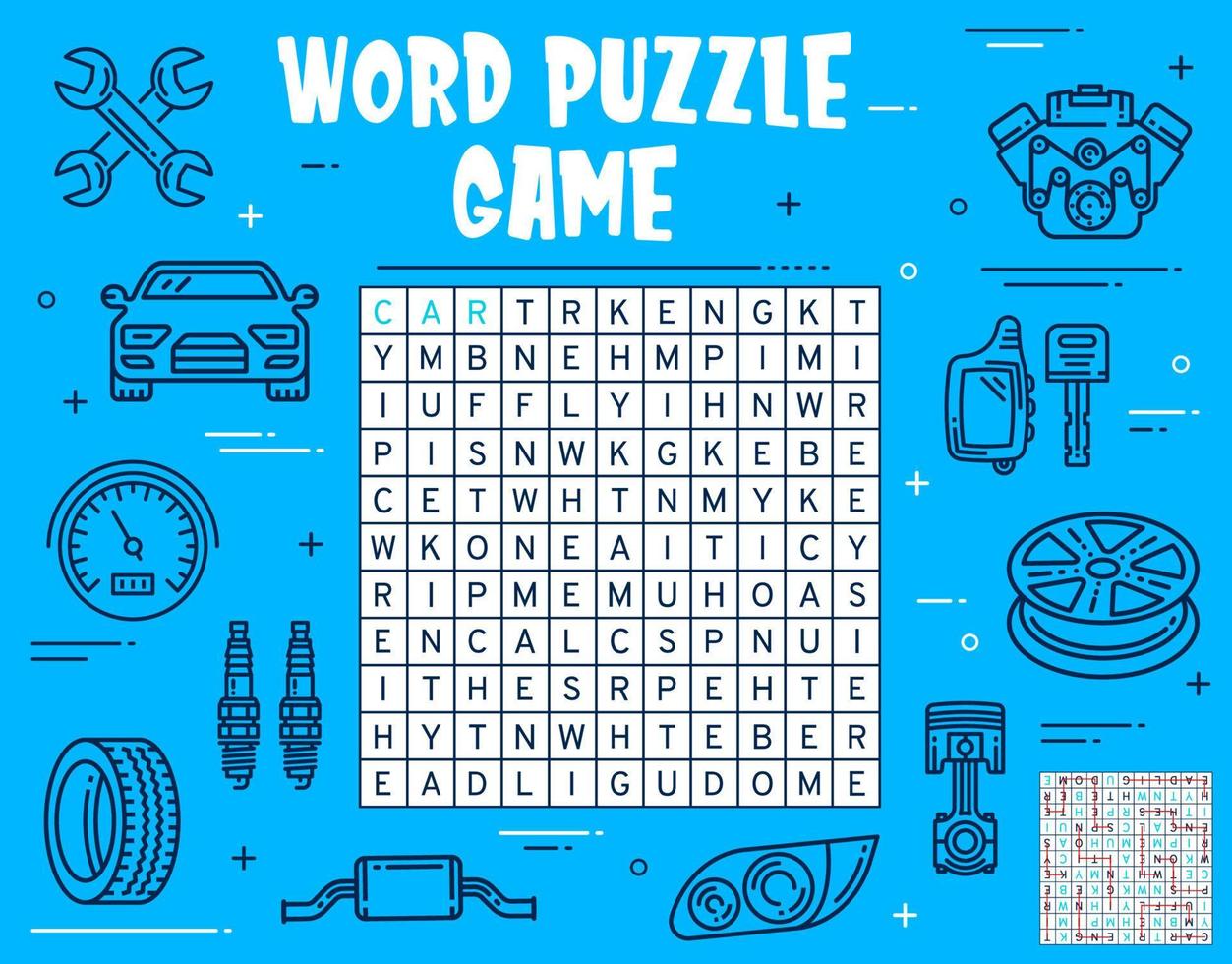 Word search puzzle game with car spare parts vector