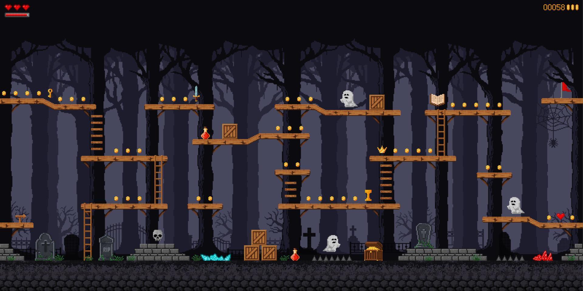 noche bosque y cementerio juego nivel pantalla mapa vector