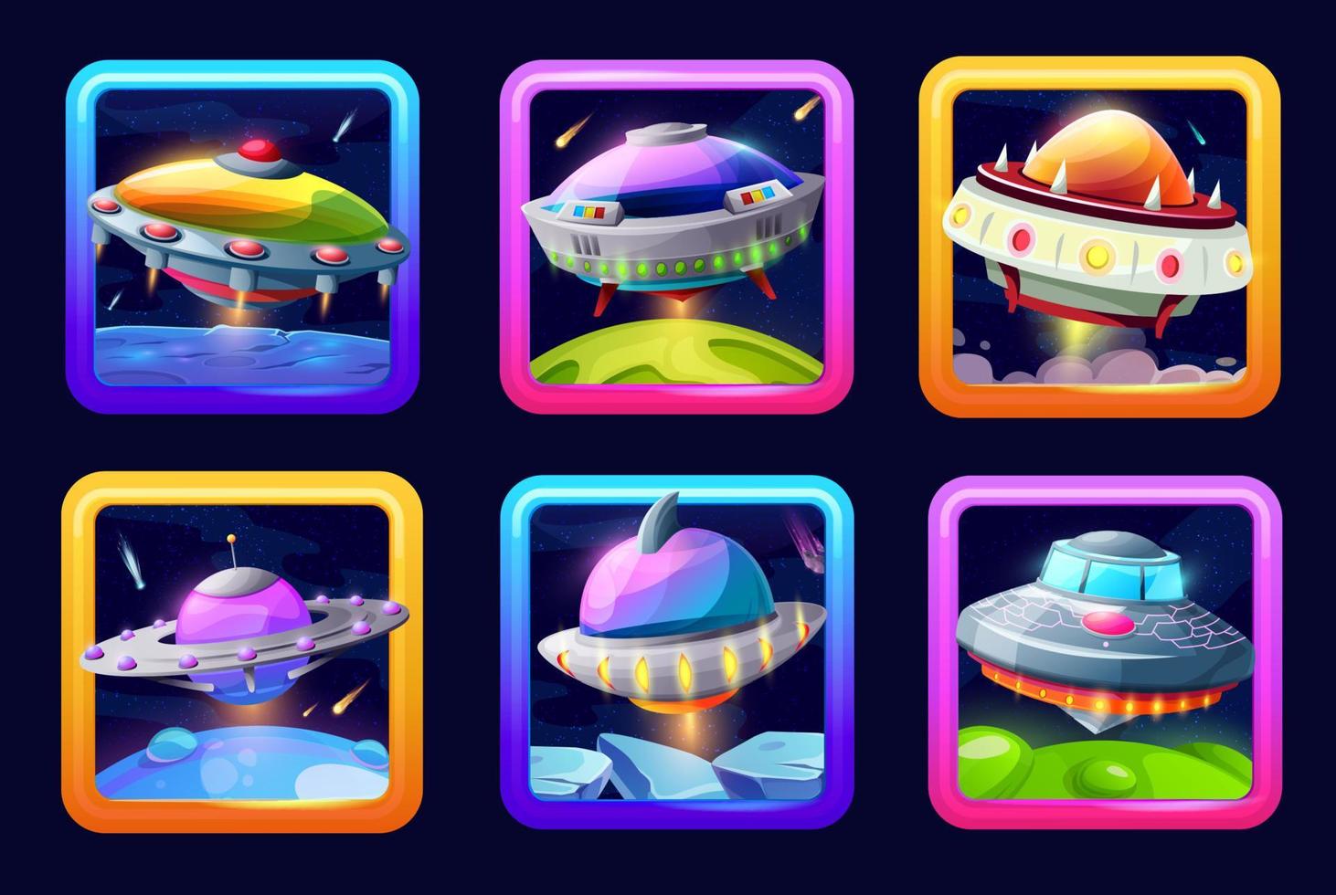 Cartoon ufo space game app icons, alien saucers vector