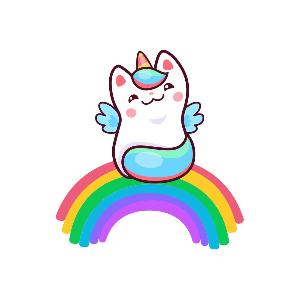 Cartoon cute kawaii caticorn character on rainbow vector
