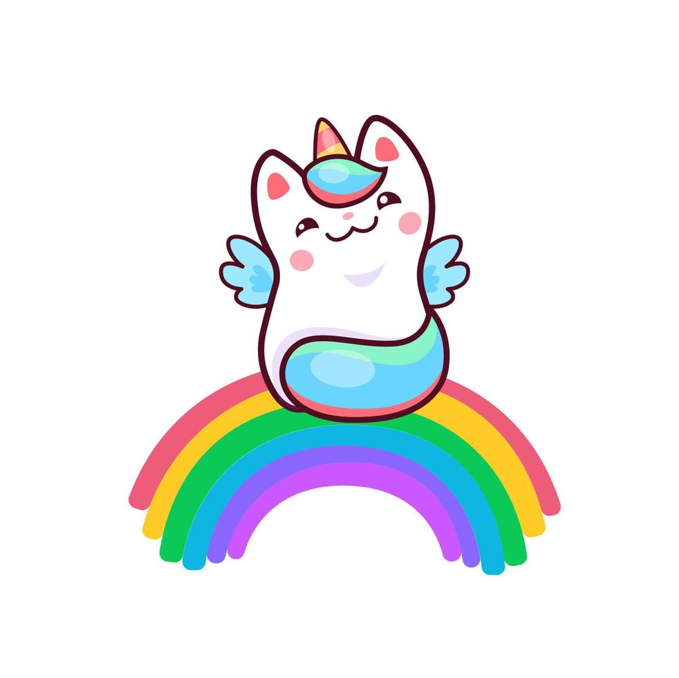 dibujos animados linda kawaii caticorn personaje en arco iris vector