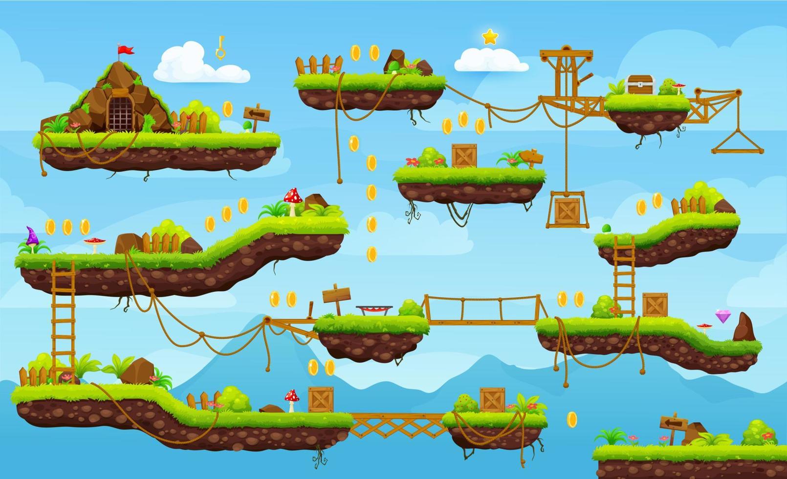 Retro 2d arcade game level platforms background vector