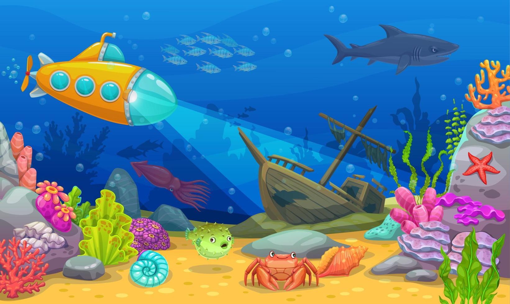 Underwater landscape with submarine on sea bottom vector