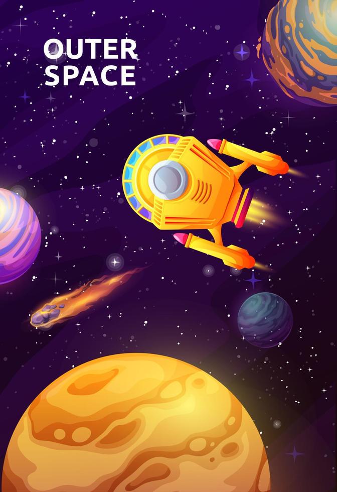 Starship in starry galaxy, space landscape, poster vector