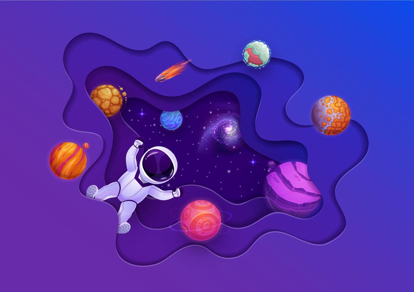 Cartoon space paper cut with astronaut and planets vector
